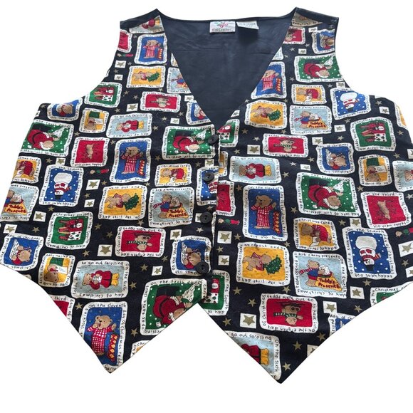 VTG Nutcracker Women's Cotton Christmas Bears Vest Size Large Button-Up Tie Back - Picture 4 of 11
